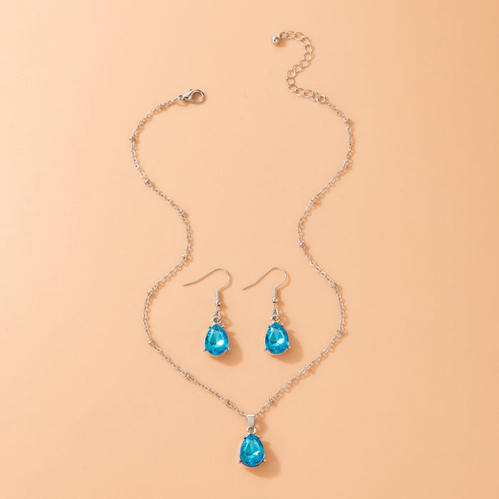 Blue Rhinestone Waterdrop Earrings and Necklace Set - Alloy with Faux Gemstones