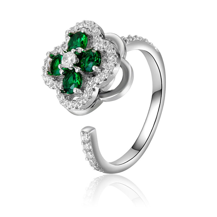 Wholesale copper micro-set green zircon four-leaf clover rotating ring