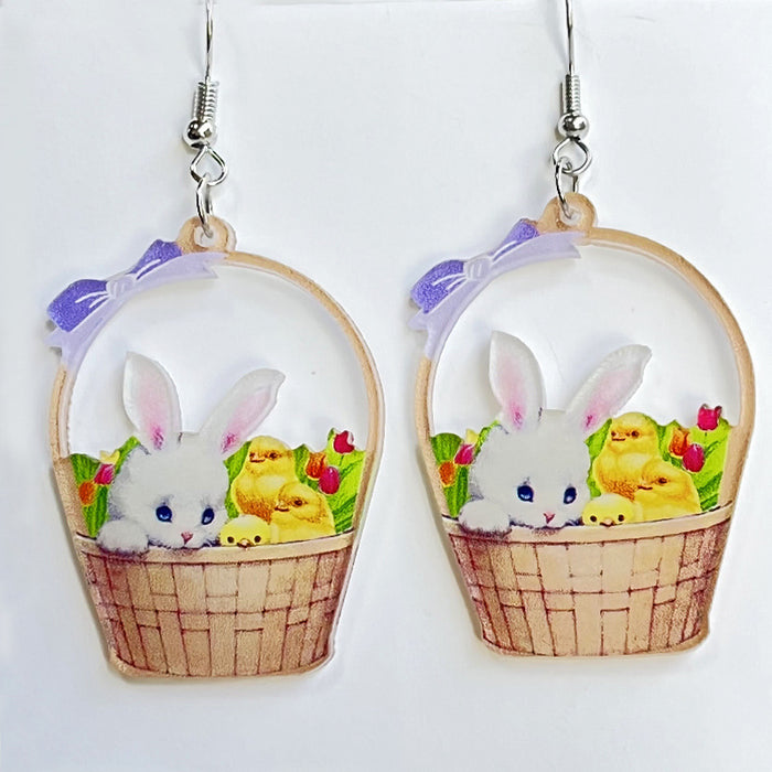 Easter Earrings with Bunny, Flower Basket, and Colorful Egg Designs