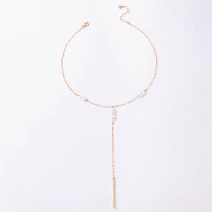 Pearl Chain Single-Layer Necklace - Alloy Bar Tassel Choker