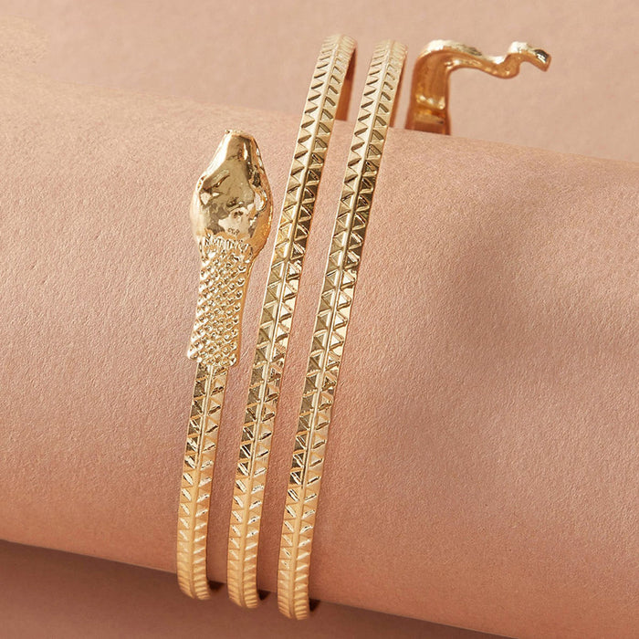 Gold and Silver Open Cuff Bracelet Set - Geometric Snake Design Bracelet