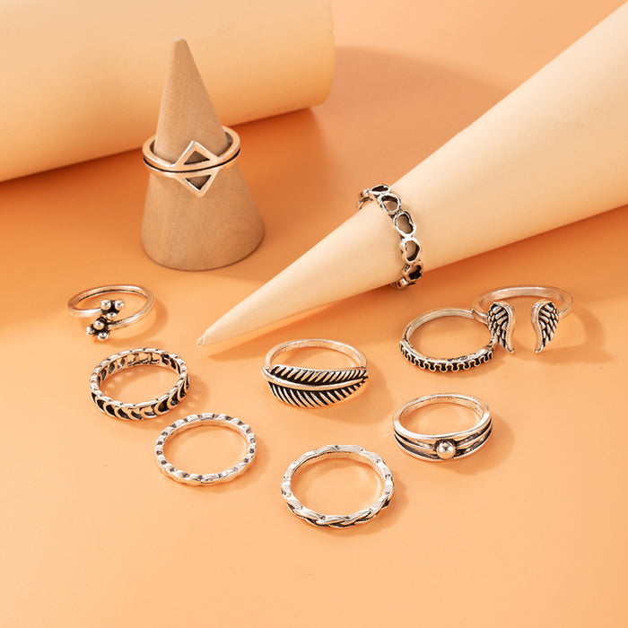 Vintage leaf ring set, geometric love wings ten-piece joint ring