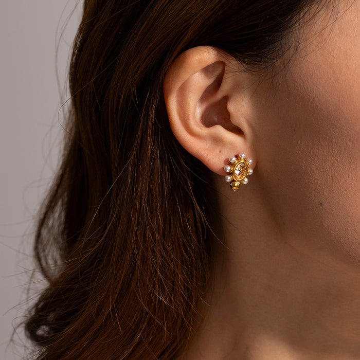 Pendientes de acero inoxidable chapado en oro de 18 quilates con circonitas y perlas: joyas geométricas para mujer