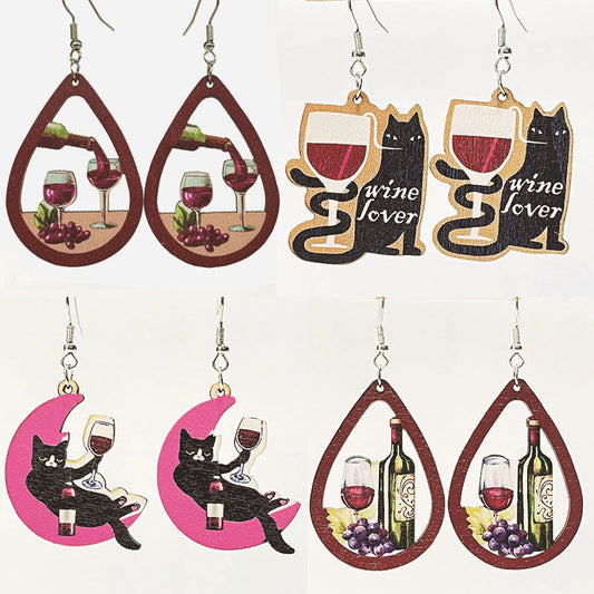 Wooden drinking cat earrings