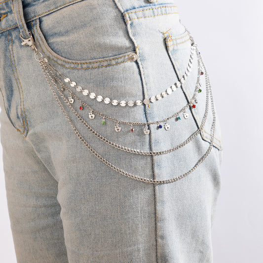 Colorful diamond-studded multi-layer metal disc trouser chain four-layer jewelry