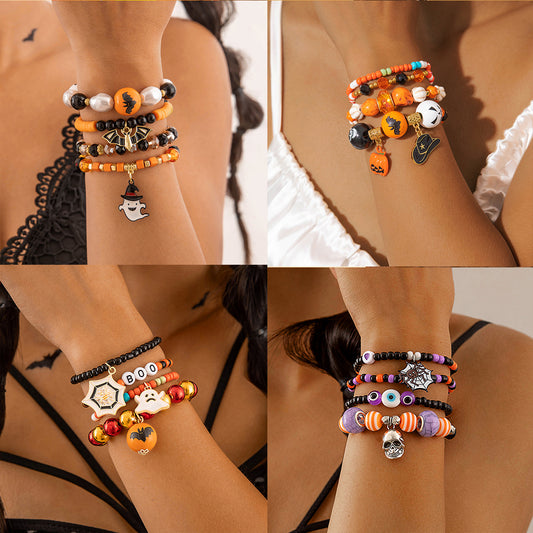 Halloween Skull and Evil Eye Bracelet Set – Spooky Drip Oil Design