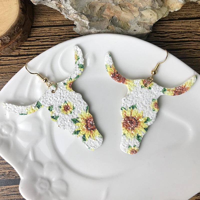 Bohemian Sunflower and Cowhead Earrings with Texas Map and Bottle Pendant