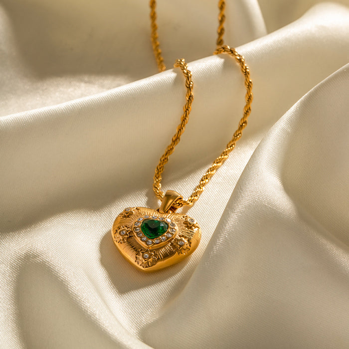 18K Gold-Plated Stainless Steel Zircon Necklace - Vintage Heart Pendant Titanium Steel Jewelry for Women - wallojewerly 