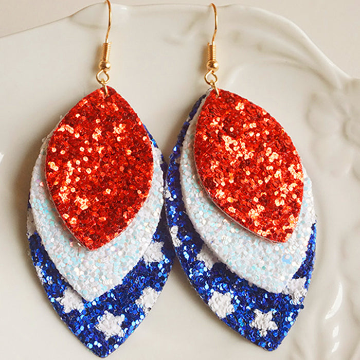 Independence Day American Flag Leather Earrings with Feather and Mesh Design