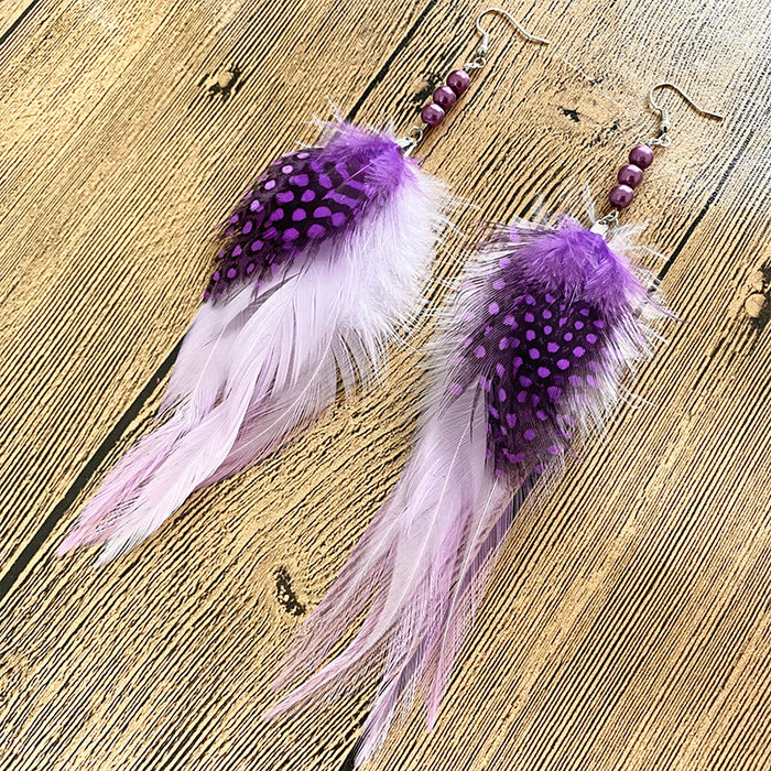 Bohemian White Feather Earrings with Purple Beads and Ethnic Style