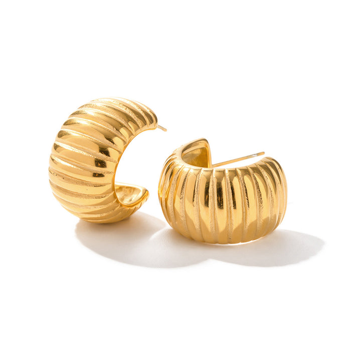 18K Gold Plated Stainless Steel Earrings - Bread Texture C-Shaped Design