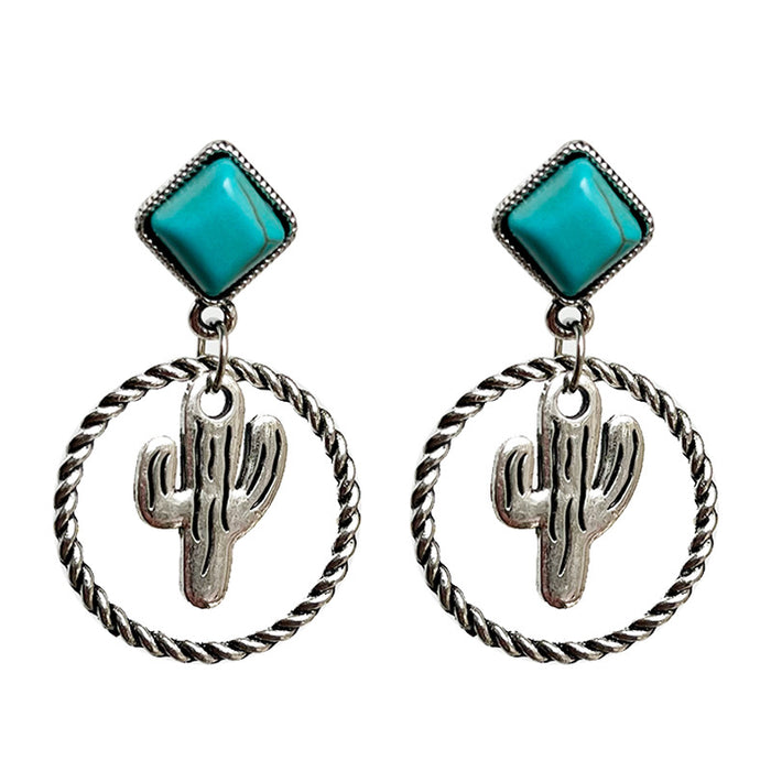 Western Bohemian Ethnic Cactus Earrings with Vintage Turquoise and Alloy Design