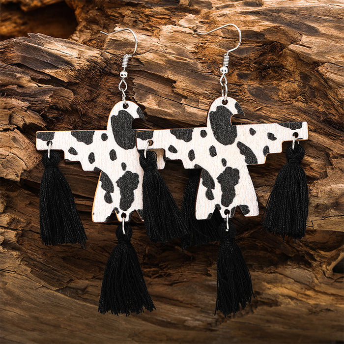 Bohemian Western Thunderbird Tassel Earrings with Cow Print and Wooden Design