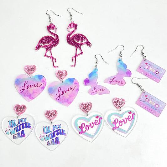 Valentine's Day lover shiny pink butterfly heart transparent acrylic earrings - wallojewerly 