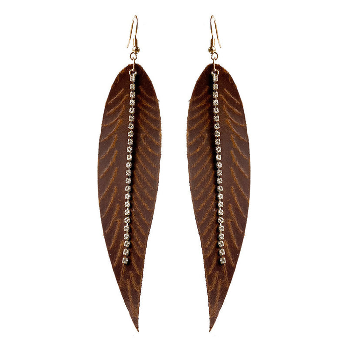 Crazy Horse Leather Earrings with Zircon Leaf and Western Feather Design