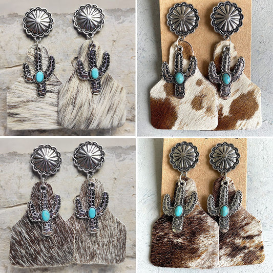 Bohemian Animal Print Leather Earrings with Pumpkin Flower and Turquoise Design