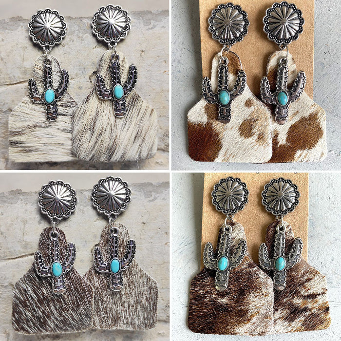 Bohemian Animal Print Leather Earrings with Pumpkin Flower and Turquoise Design