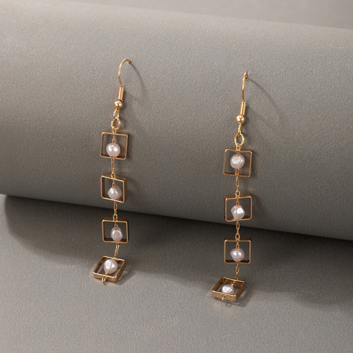 Square pearl long ladies simple earrings