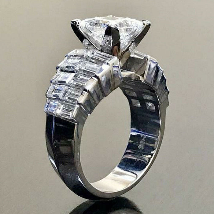 Exquisito anillo de diamantes y circonitas en forma de T, joyería de aniversario de lujo