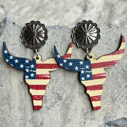 Independence Day Earrings with Western Cowboy Boots and Bullhead Designs