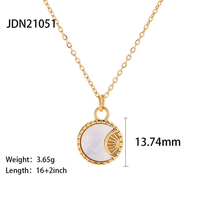 18K Gold-Plated Stainless Steel Oval Sun and Moon Pendant Necklace with White Shell - Vintage Style