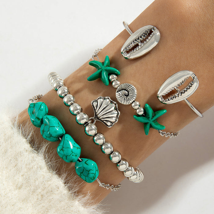 Bohemian Starfish Shell Turquoise Bracelet - Vacation Style Seashell Beaded Bracelet Four-Piece Set