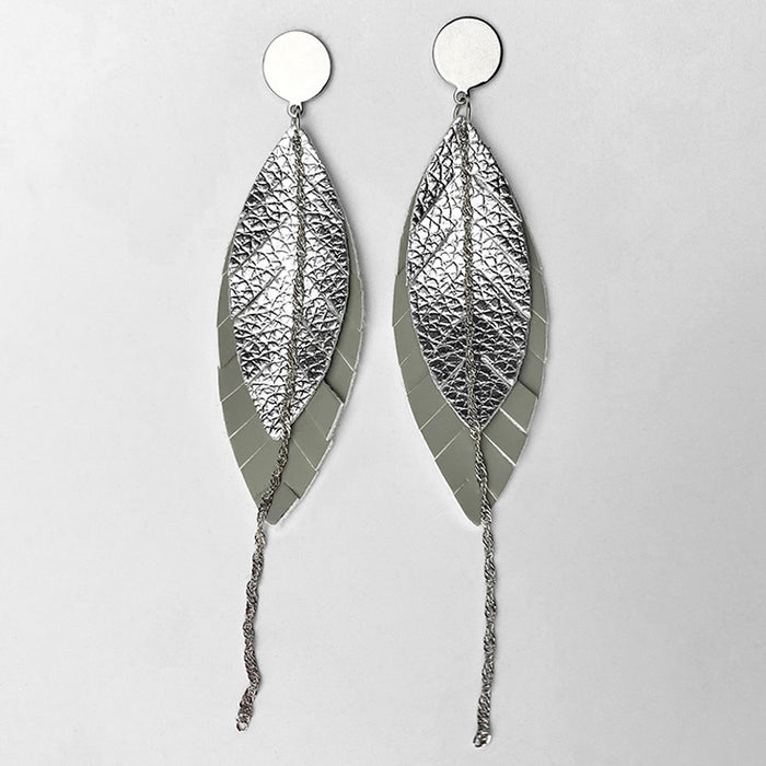 Multi-Layer Leather Earrings with Morandi Colors and Feather Chain Design