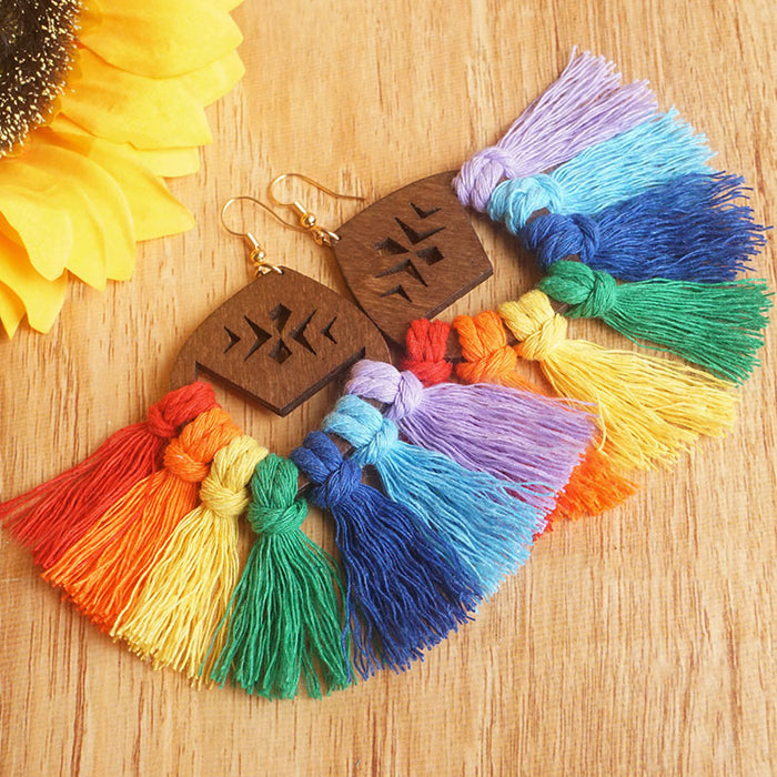 Handwoven Wooden Rainbow Tassel Earrings in a Baroque Style with Colorful Large Pendants