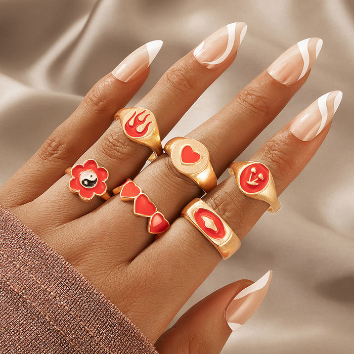 Oil Drop Tai Chi Flower Love Flame Ring 6-piece Set