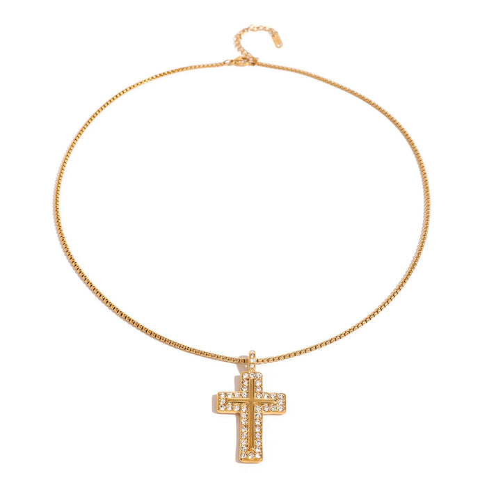 Zircon cross pendant necklace, European and American stainless steel niche design ins style