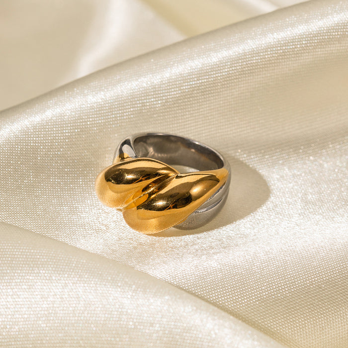 18K Gold Stainless Steel Wave Pattern Ring with Pearl Inlay