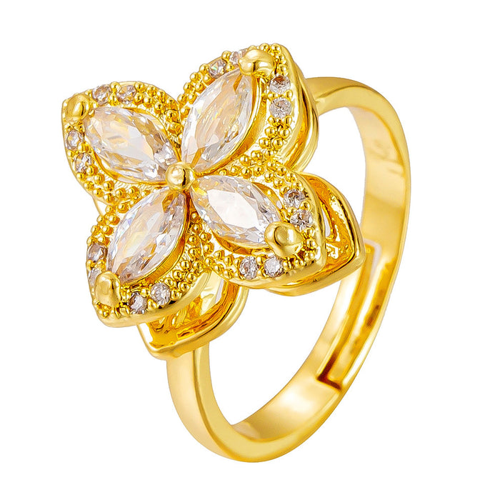 Wholesale micro-pave zircon and diamond-encrusted four-leaf clover flower rotating ring