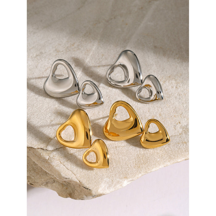 18K Gold Stainless Steel Double Heart Hollow Earrings - High-End Asymmetric Titanium Steel Jewelry