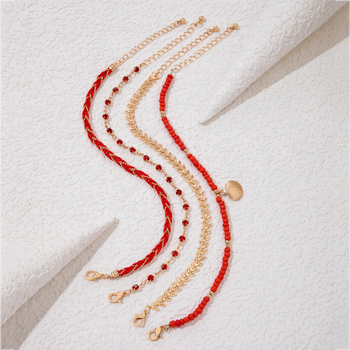 Bohemian Shell Tassel Beaded Anklet Set - Multilayer Leaf Jewelry