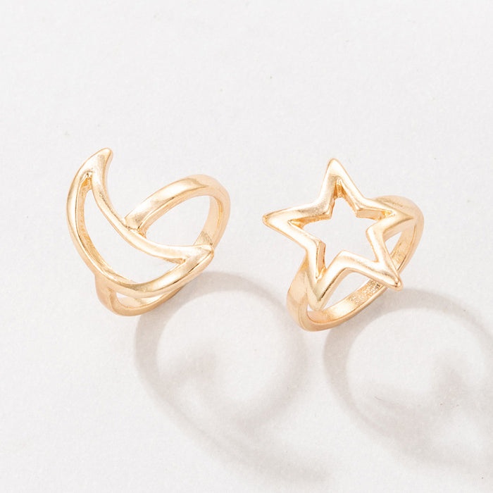 Star and Moon Hollow Geometric Irregular Ring 2-Piece Set