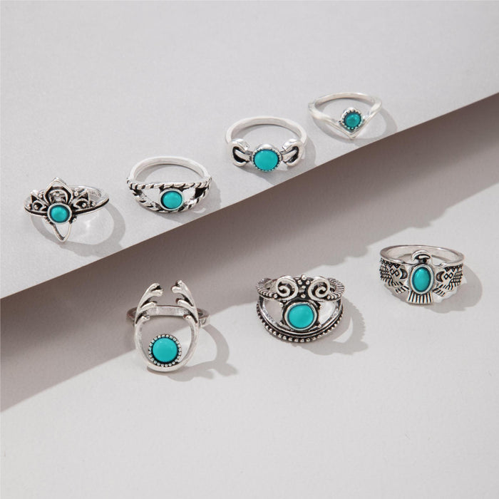 Vintage Turquoise Owl Eye Ring Set - 7pcs Exaggerated Rings