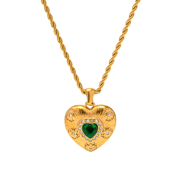 18K Gold-Plated Stainless Steel Zircon Necklace - Vintage Heart Pendant Titanium Steel Jewelry for Women - wallojewerly 