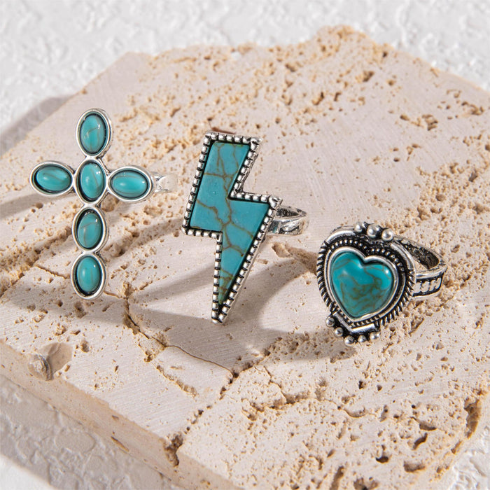 Retro Turquoise Cross Ring Set - Creative Lightning and Heart Three-Piece Set