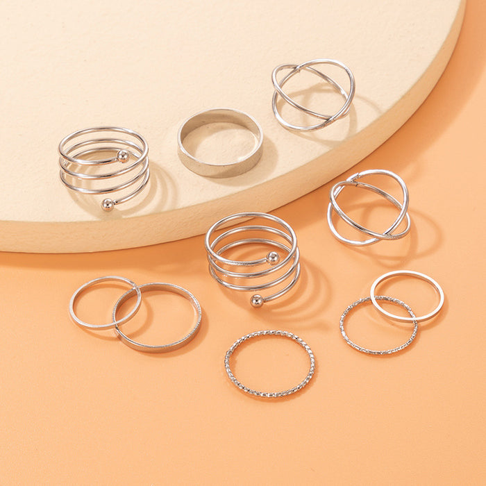 Korean style simple cross round ring set, geometric irregular joints ten-piece set