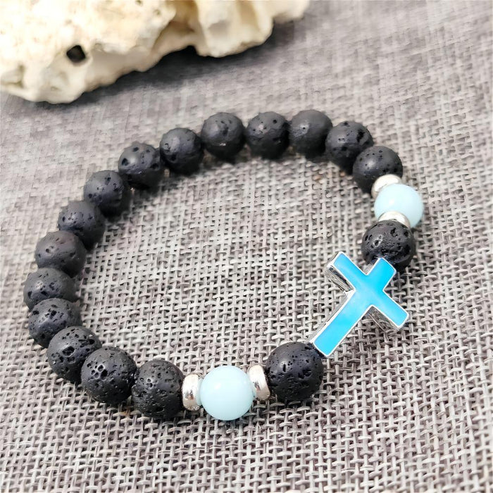 Wholesale Multi-colored Glow-in-the-Dark Volcanic Stone Bracelets with Cross Beads - wallojewerly 