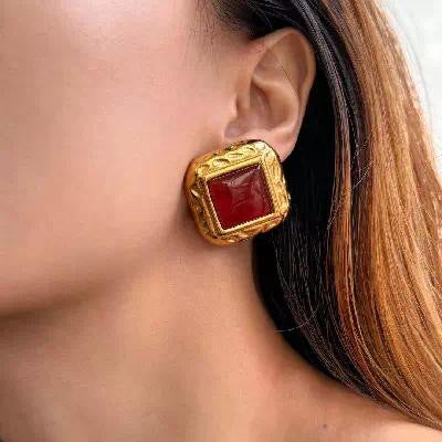 European Vintage Hammered Square Earrings - 18K Gold-Plated Stainless Steel Red Agate Jewelry for Women