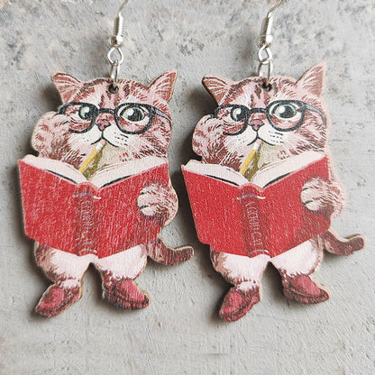 Wooden school cat book earrings