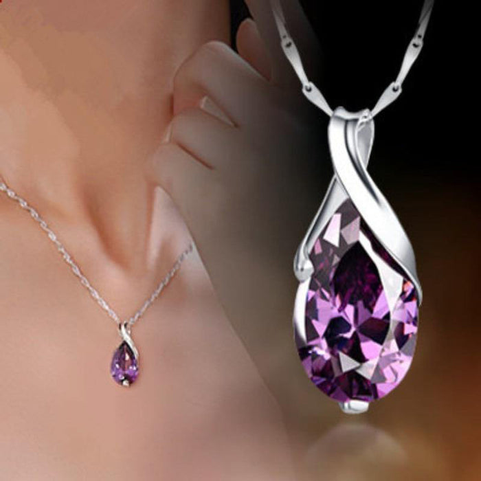 Purple Crystal Angel Tears Drop Pendant Necklace