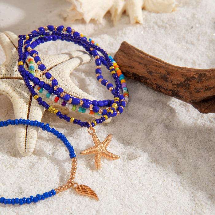 Blue Starfish and Multi-Layer Beaded Anklets - Bohemian Beach Vibes Ankle Bracelet Set