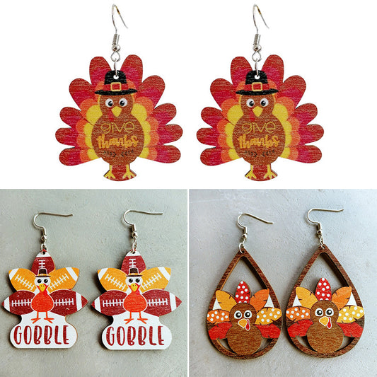 Wooden Thanksgiving Turkey Earrings