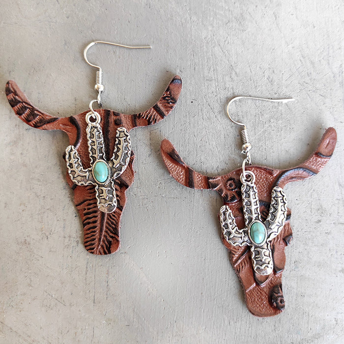 Vintage Embossed Leather Bullhead Earrings with Western Cactus Design