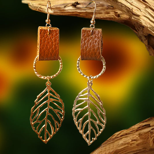 Cross-Border Trendy Earrings with Creative Leaf Design and Leather Elements