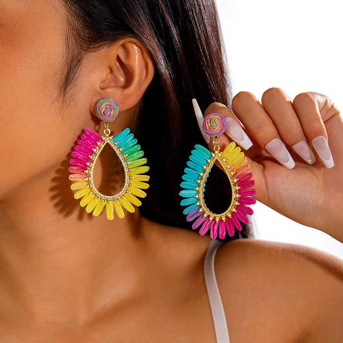 Bohemian woven raffia large flower earrings colorful pineapple holiday style earrings