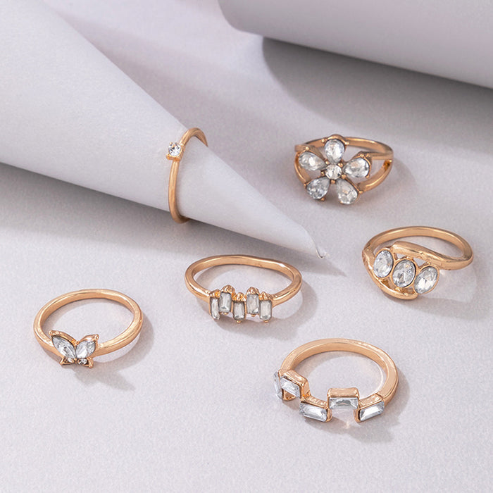 Light luxury butterfly flower diamond ring set, geometric irregular alloy six-piece set