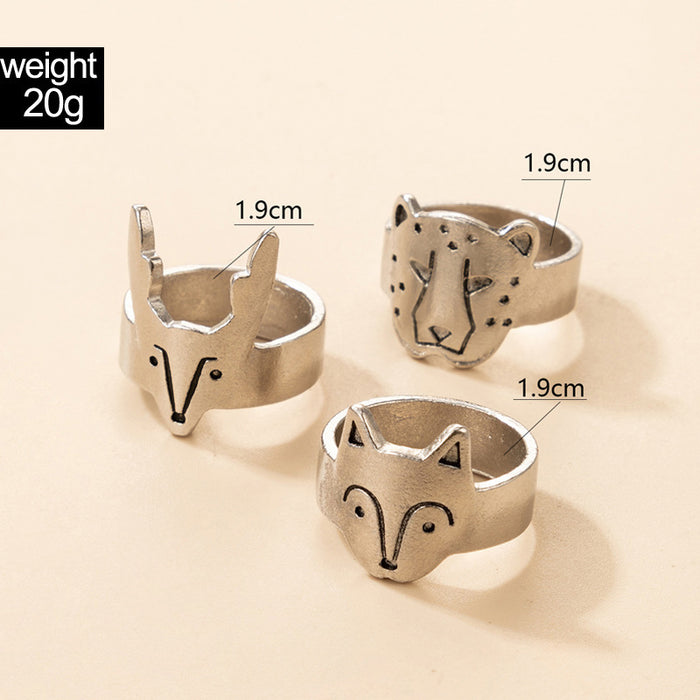 Simple punk style fox leopard ring three-piece animal design combination